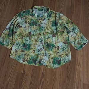 Lemongrass Sheer Green Yellow Floral Button Up Long Sleeve Blouse Boho Fairy Y2k